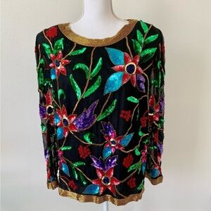 100% silk vintage beaded sequin floral top XL